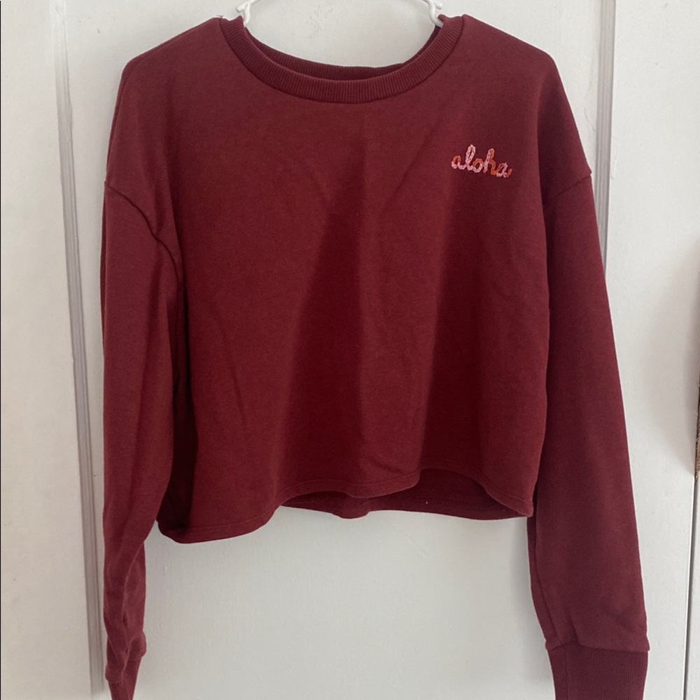 Aloha Embroidered Burgundy Cropped Sweatshirt